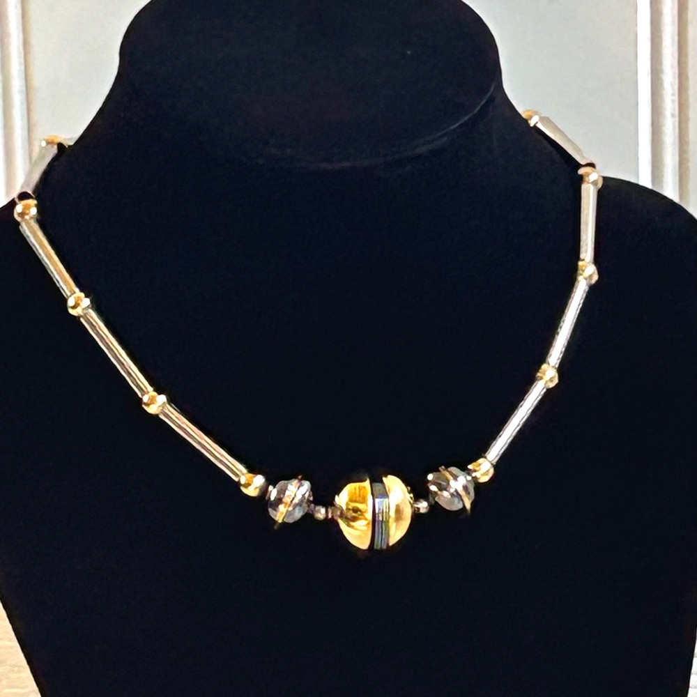 Anne Klein Vintage 70’s Silver Gold Hematite Statement Necklace Choker 14” RARE
